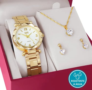 Relógio Feminino + Kit Colar Brincos Folheado Ouro 18k
