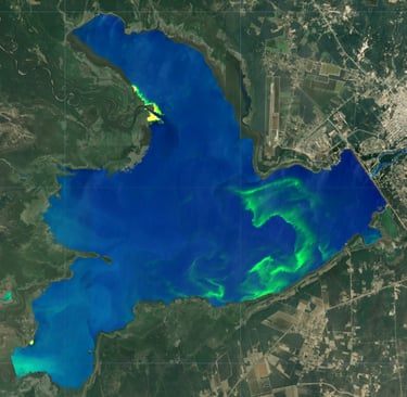 Floración de cianobacterias en el embalse Río Hondo, falso color Sentinel-2