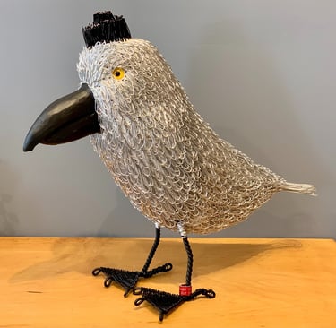 BETTY'S NEW HAT - pine and plated wire bird by Guy Cranston