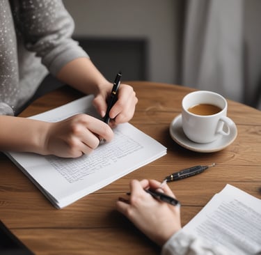 person writing on brown wooden table near white ceramic mug