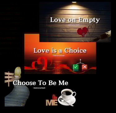 A collage of QuietVerse Creations' thumbnails with red hearts, wood, river & coffee.