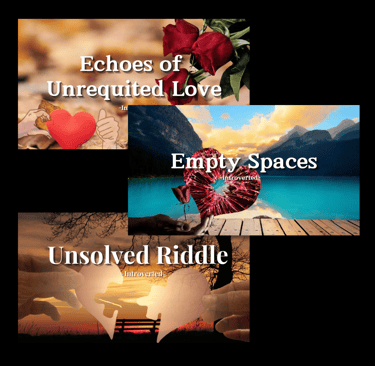 A collage of QuietVerse Creations' video thumbnails with nature & a broken heart.