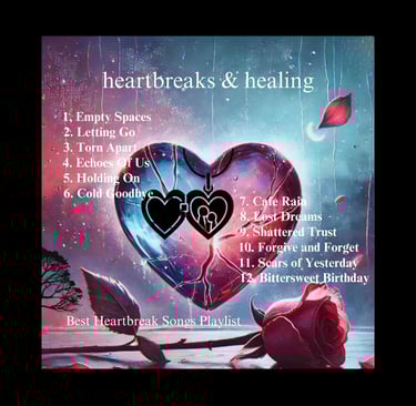 Heartbreaks & Healing album cover with broken glass heart, rain & a rose.