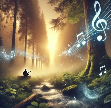 A serene and dreamy landscape blending nature and music.
