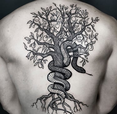 Tatouage dans le dos de l'arbre de la création. 