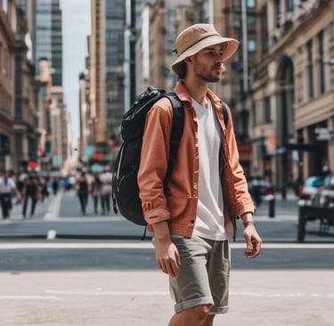 a man in a hat and a backpacker on a skateboard