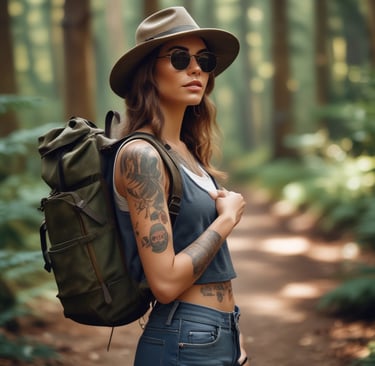 a woman with tattoos on her arm and a hat