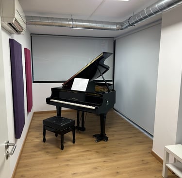 a baby grand piano in a small room