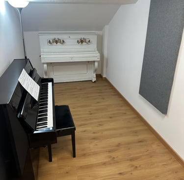 a yamaha b1 piano in a little room with a white piano