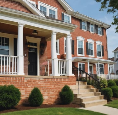 A large, modern house with white walls and red accents, featuring a balcony and several large windows. Palm trees and well-kept landscaping enhance the property, which has a driveway leading to a garage. The sky is clear and the sun casts shadows on the grass lawn.