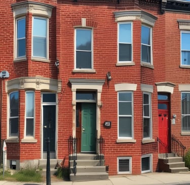 A multi-story apartment building with a distinctive red and white checkered facade. The structure is positioned on the left side of the image, leaving a large expanse of overcast sky to the right. The building features balconies, windows, and a sign indicating something is for rent or sale.