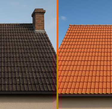Comparatif avant et après nettoyage d’une toiture en tuiles