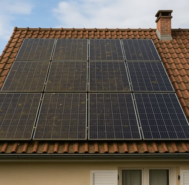 Toiture équipée de panneaux photovoltaïques encrassés par la poussière et les dépôts