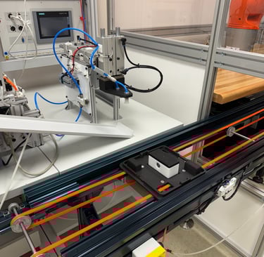 Custom made pick and place integrated with a robot cage and our transport pallet conveyor