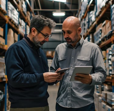asesoramiento de tramites logísticos entre dos personas en una bodega de almacenamiento 