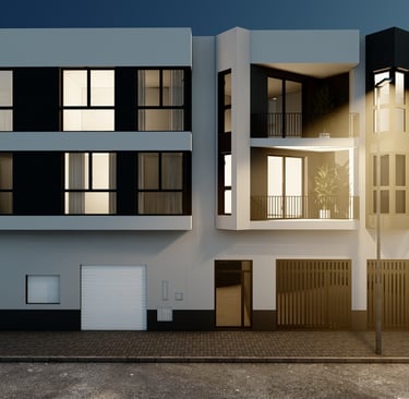 a building with a large window and a street light