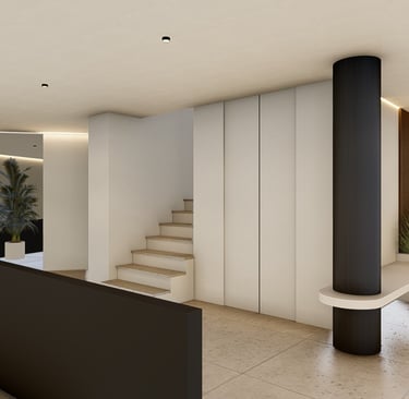 a modern looking room with a staircase leading to the stairs