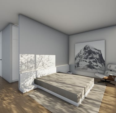 a bedroom with a bed and a chair