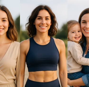 Mulheres em diferentes fases da vida sorrindo ao ar livre