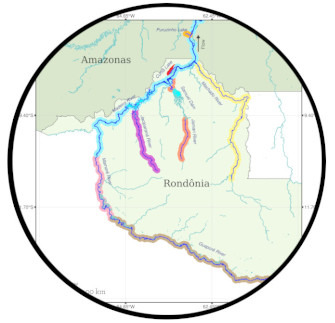 logo do projeto, mapa com rios da amazônia e rondônia