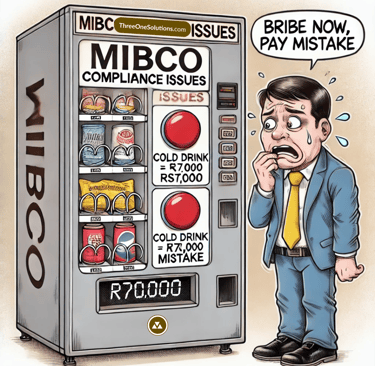A vending machine labeled "MIBCO Compliance Issues" with a button for "Cold Drink = R70,000 Mistake.