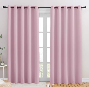 a pink curtain with a white curtain and a window