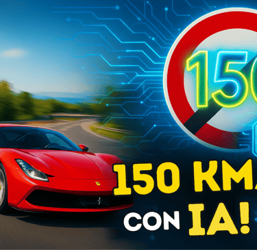 Ferrari rojo junto a señal 150 km/h sobre fondo simboliza IA, nuevo límite velocidad España 2025