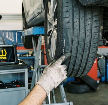 Mecánico en taller Neumáticos Sangar en Ávila revisando un desgaste irregular grave en la rueda tras