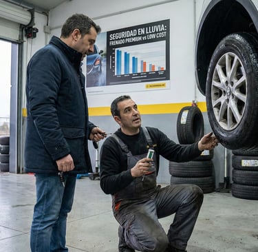 Mecánico Taller Neumáticos Sangar Ávila explicando a un cliente la diferencia de frenado en lluvia