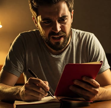 a man with a pen and notebook in his hand