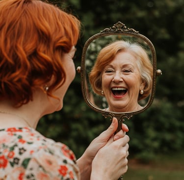 a woman with red hair is smiling and looking at an older version of herself in the mirror