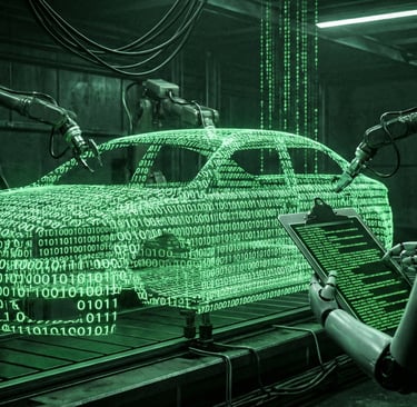 a robot building a car made of binary code