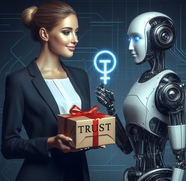 a woman giving a gift box marked "trust" to a robot