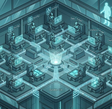 Futuristic isometric illustration of AI robots working at workstations in an automated data center.