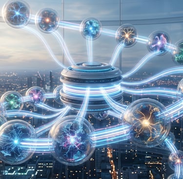 Futuristic digital network concept with glowing energy spheres connected to a central hub above a city