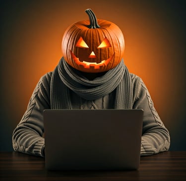 Man with a halloween pumpkin for a head writing computer software
