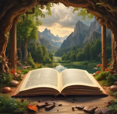 An open book rests on an intricately patterned surface, with a dark wand placed diagonally across its pages. Several small glass bottles filled with colorful liquids are arranged in the background, suggesting a magical or alchemical theme. A soft, fur-like texture partially occupies the right side of the image.