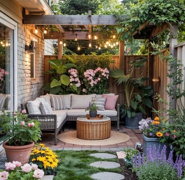 Garden and outdoor essentials including patio furniture, outdoor décor, gardening tools, planters, g