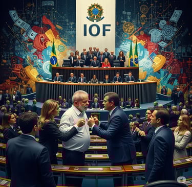 Arte conceitual do confronto entre o Presidente Lula e o Congresso Nacional pela questão do IOF