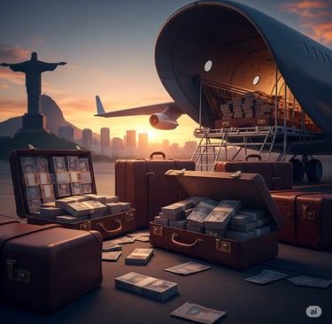 Imagem conceitual de malas de dinheiro saindo do Brasil.