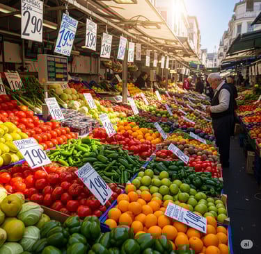 Gere uma imagem: Foto de feira ou mercado com frutas, verduras e etiquetas de preços em destaque