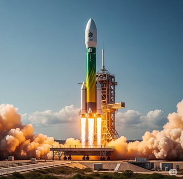 A imagem mostra um foguete moderno e potente, com um design aerodinâmico e as cores verde e amarelo 