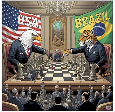 Uma charge política que retrata os EUA e o Brasil como adversários estratégicos. Uma águia-careca, v
