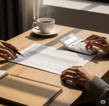 mesa com planilha, calculadora, café e mãos humanas organizando finanças