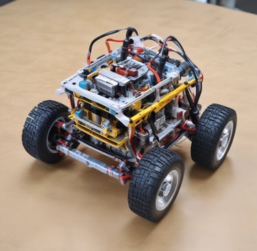 A homemade robot constructed from household materials and electronic components including a microcontroller board and several colorful wires protruding from its top. The body appears to be made from stacked containers wrapped in black tape, with a pair of ultrasonic sensors resembling eyes.