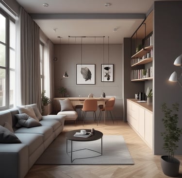 Abstract architectural design featuring reflective glass surfaces with curved yellow lighting accents. Vertical lines from support pillars intersect with curved light patterns, creating a modern and artistic visual. The interior appears sophisticated, with a mix of metallic and glass elements adding depth through reflections.