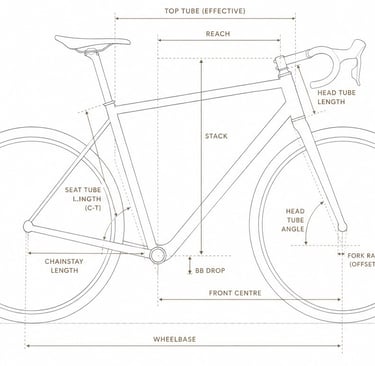 Technical diagram showing road bike geometry measurements including reach, stack, and wheelbase.