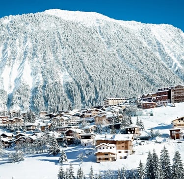 Courchevel Ski Resort in daytime with snow covered mountains, pine trees and lodges