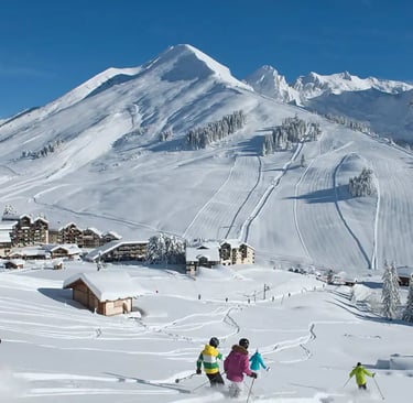 Geneva skiing, with mountains, lodges and skiers