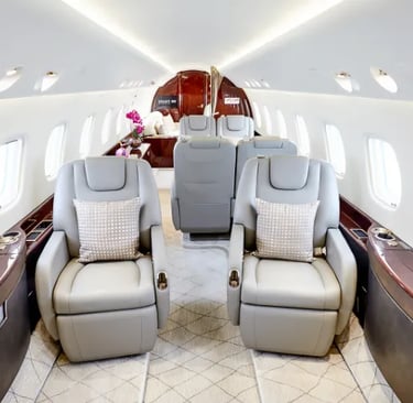 Interior of an Embraer Legacy 650 private jet, waiting for it's next customers.